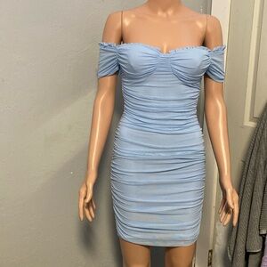 WINDSOR BODYCON BABY BLUE OFF SHOULDER MINI PROM DRESS